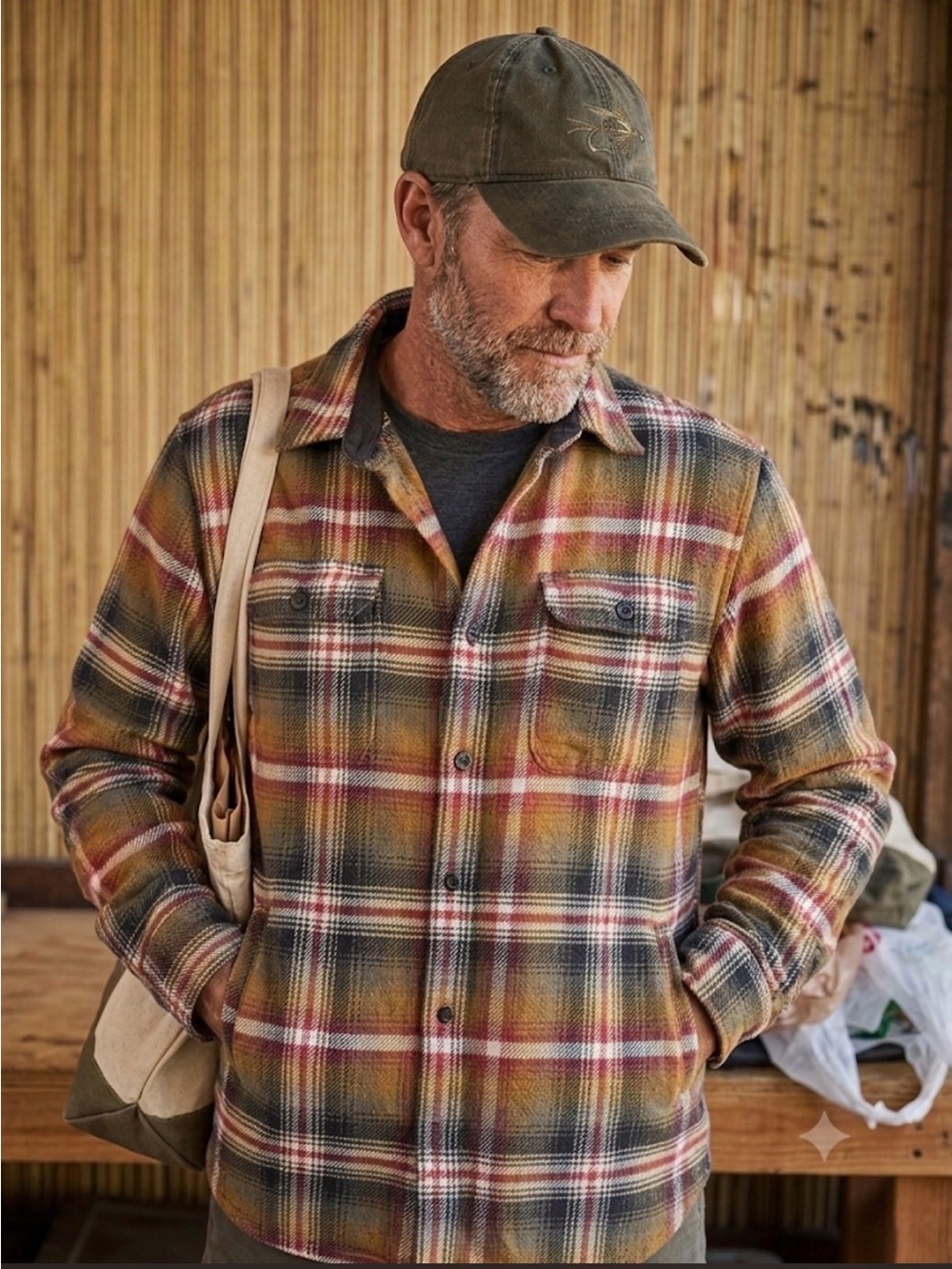 Orvis Men's Plaid Shirt Jacket in Rust, Mustard & Navy